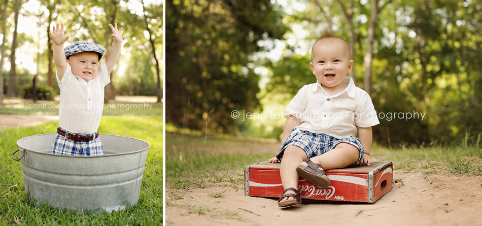 one year old boy sitting on coke crate and in an old wash tub