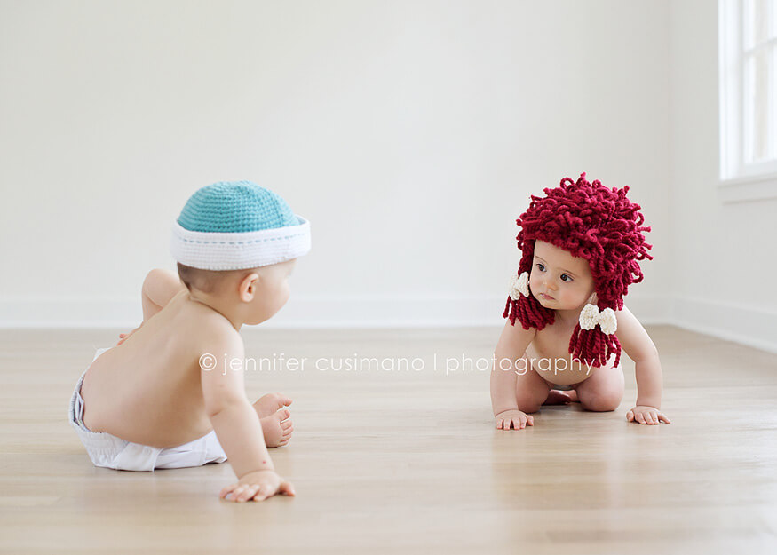 twins modeling raggedy ann and andy hats for Sweet Pea Toad